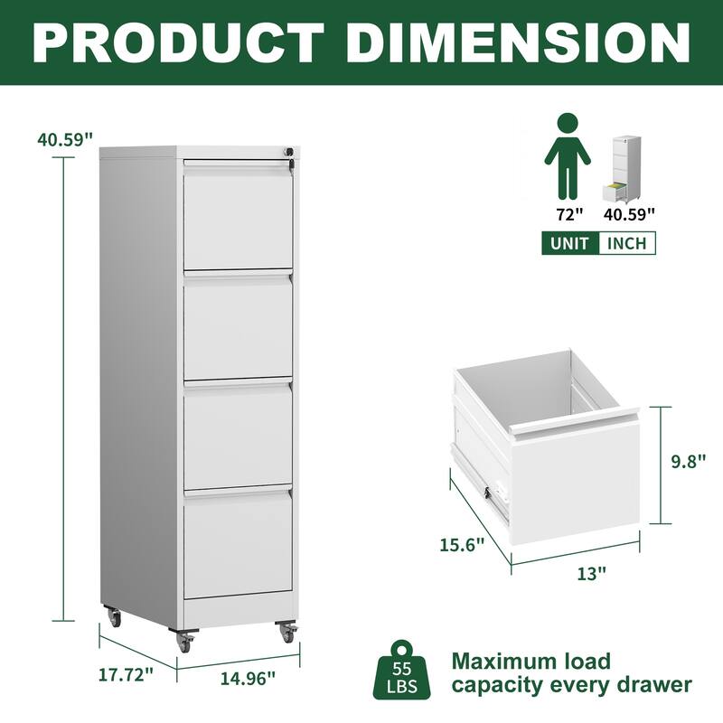 Metal Lockable File Cabinet with 4 Drawer and Wheels for Home Office