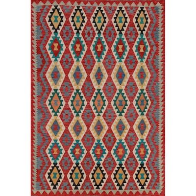 Hand Woven Oriental 100% Wool Carpet Southwestern Geometric Multi-Colored Kilim Area Rug - 8' 4'' X 5' 6''
