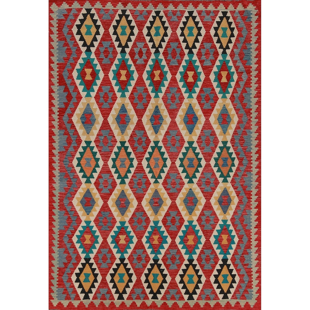 Hand Woven Oriental 100% Wool Carpet Southwestern Geometric Multi-Colored Kilim Area Rug - 8' 4'' X 5' 6''