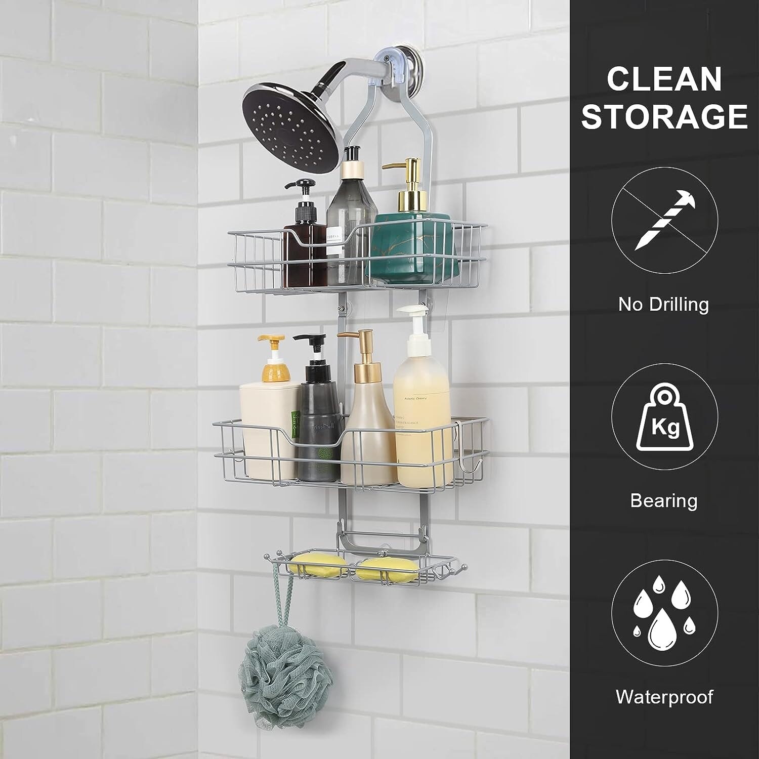 1pc Rustproof and Waterproof Shower Caddy with Soap Holder and 4 Movable  Hooks - Easy to Install and Convenient for Bathroom and Shower Room
