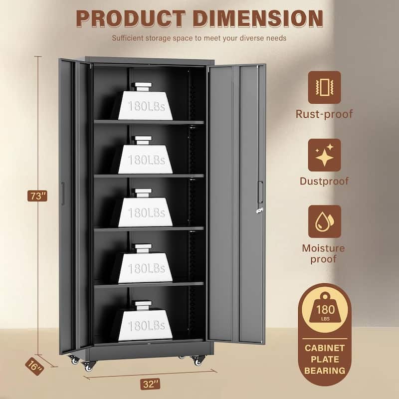 73" Rolling Garage Storage Cabinet with Locking Doors and Adjustable Shelves for Garage, Home Office, School