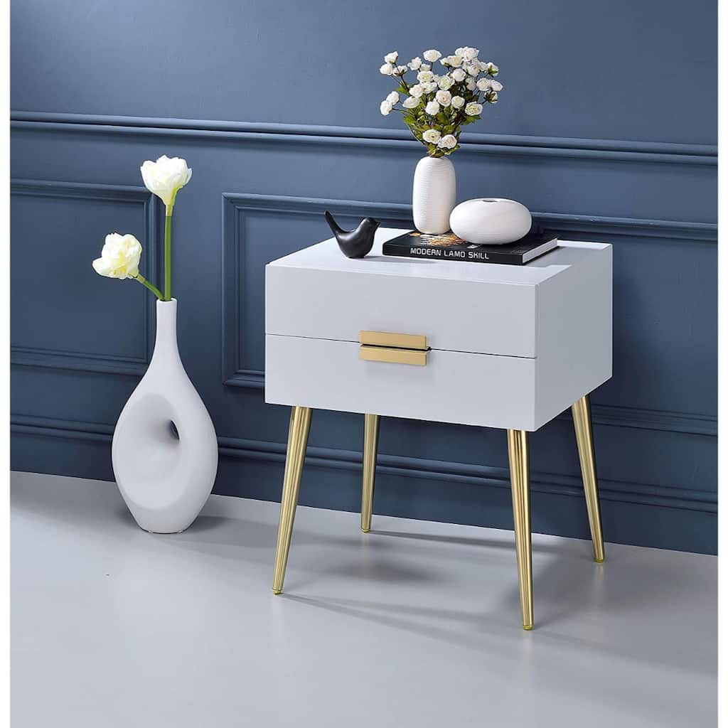 24" Rectangular White Wood and Gold Metal Accent Table with Storage Drawers for Bedroom - 20" L x 16" W x 24" H