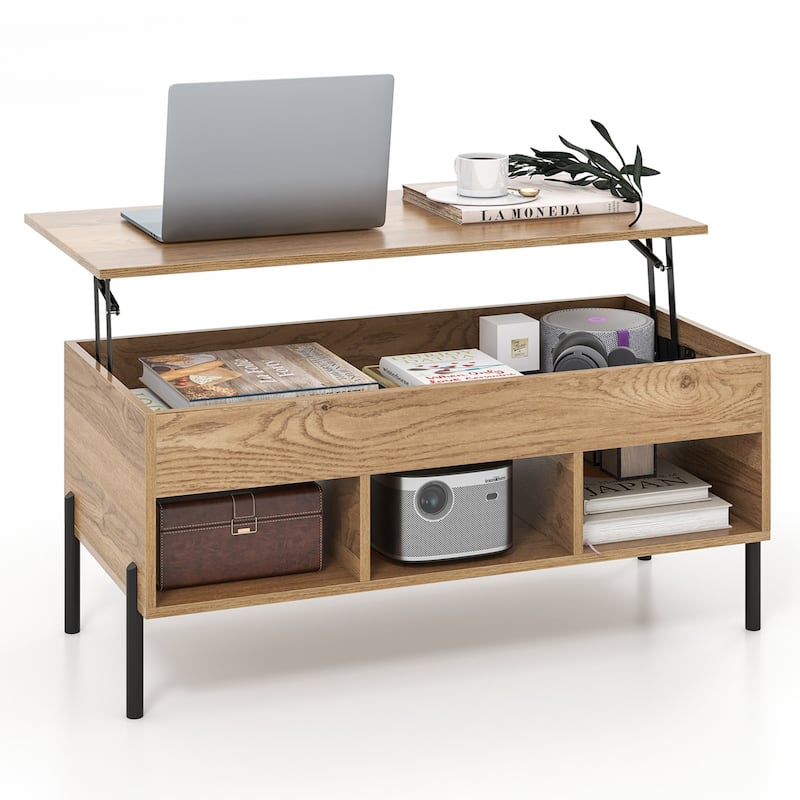 Living Room Lift Top Coffee Table w/ Storage & 3 Open Cubbies - Natural