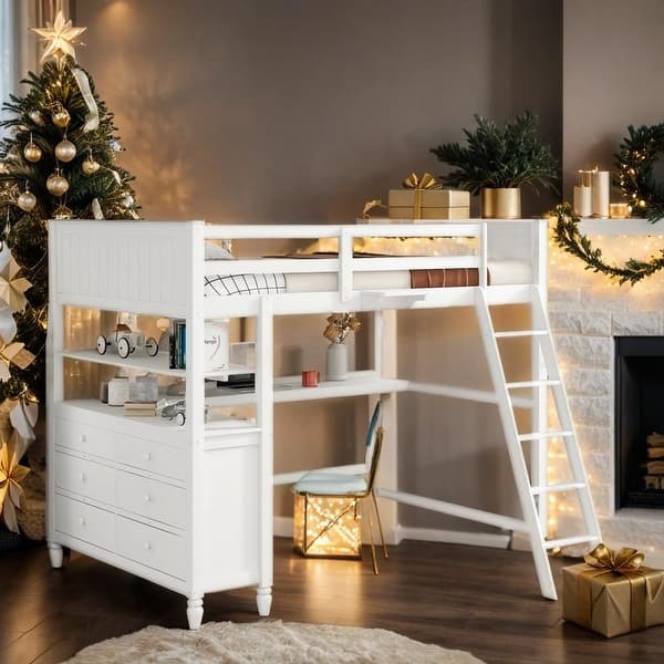slide 2 of 19, Full size Loft Bed with Drawers, Built-in Desk and Shelves, White White