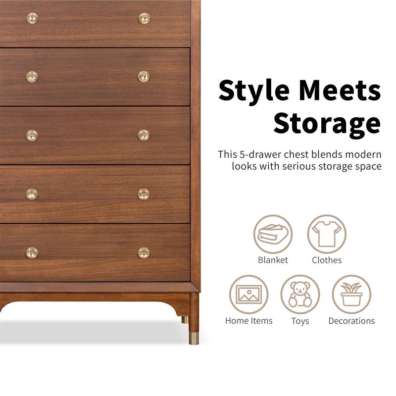 Furniture of America Forma Mid-Century Modern Walnut Solid Wood 5-Drawer Storage Chest