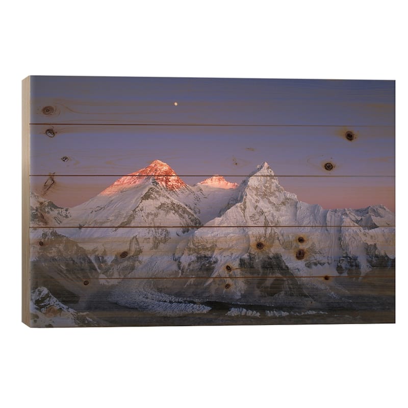 Moon Over Summit Of Mount Everest, Lhotse, And Nuptse, Sagarmatha National Park, Nepal Print On Wood by Grant Dixon - 26x40x1.5