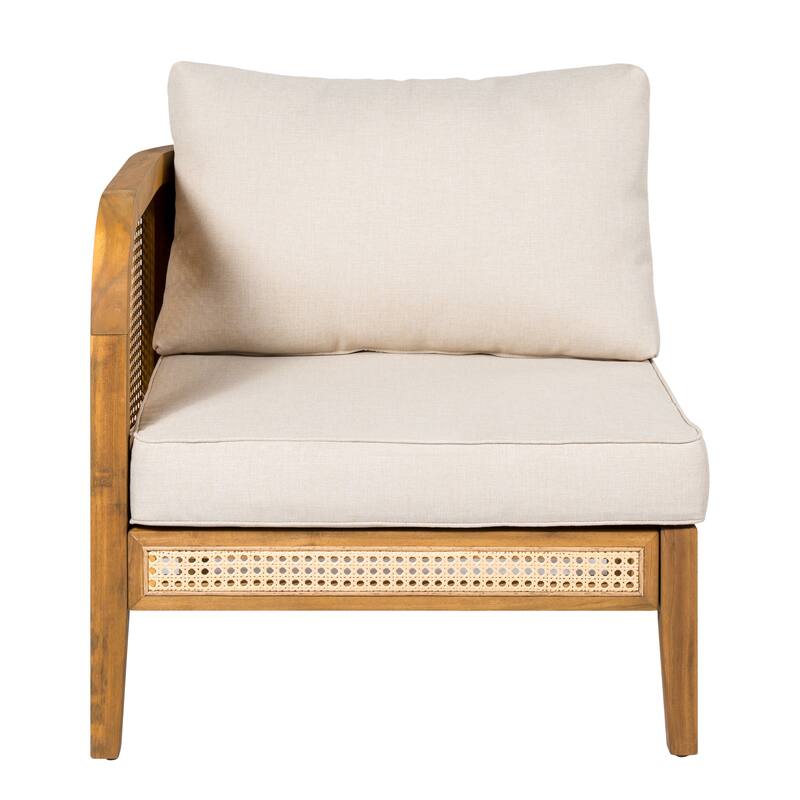 Roomfitters Kirkby Outdoor 5 Seater V-Shaped Acacia Wood Sectional Sofa with Wicker Accents, Teak Finish and Beige Cushions