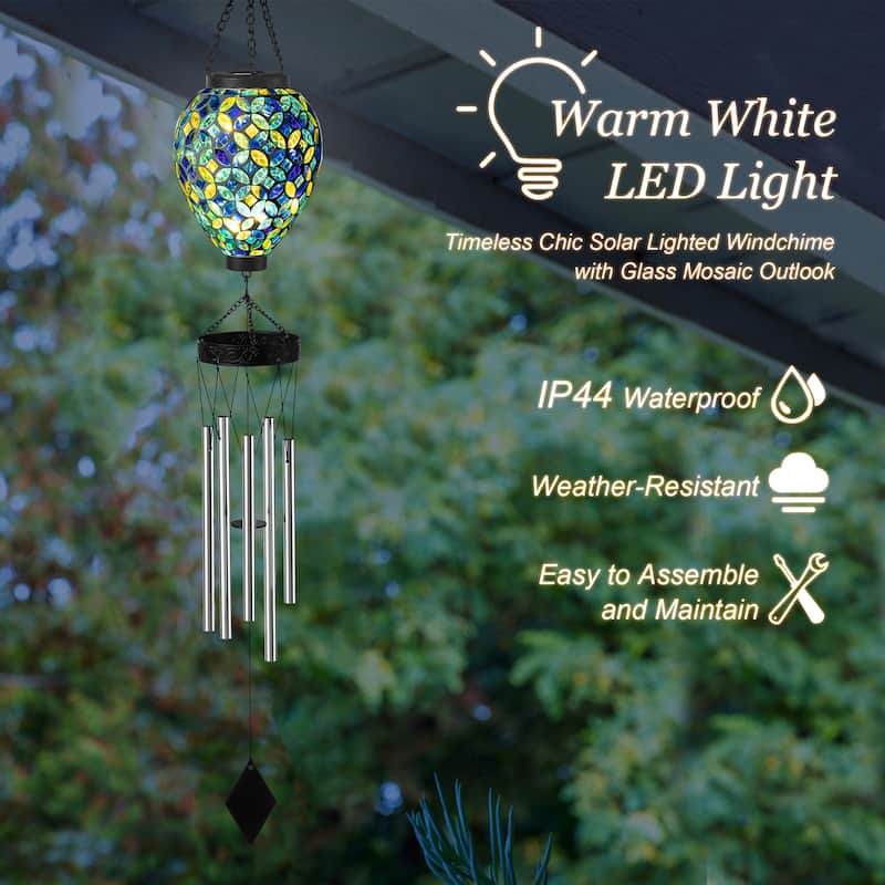 Glitzhome Set of 2 37"H Solar Lighted Metal and Glass Mosaic Windchimes - 37''H
