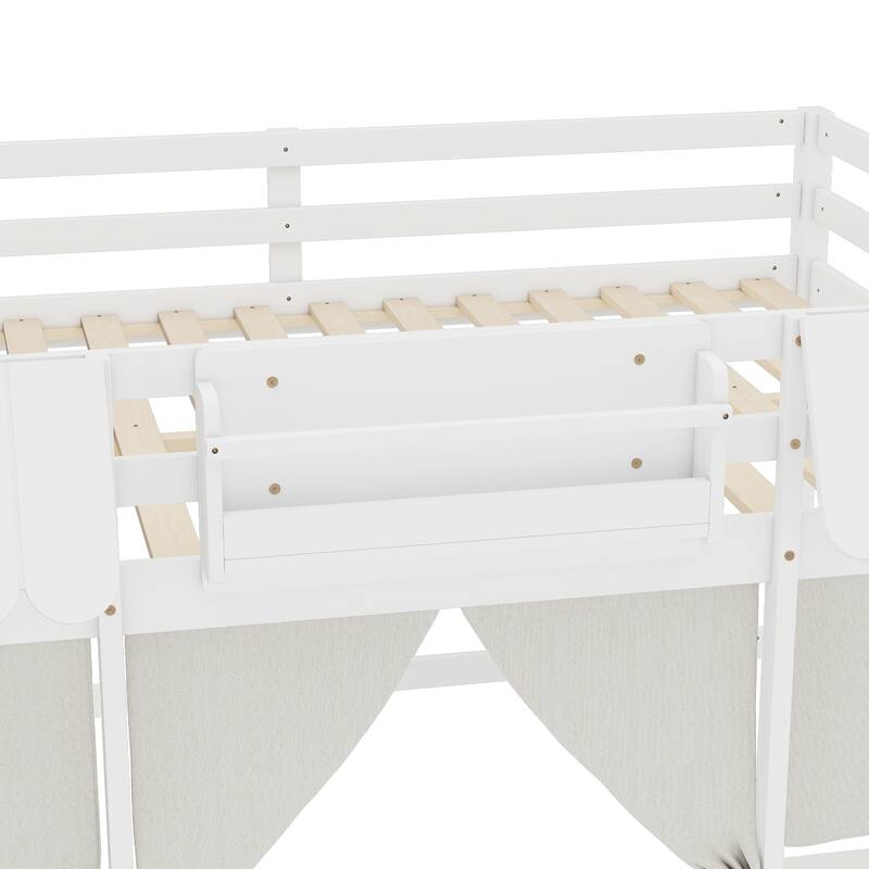 Roomfitters Low Loft Bed with Curtain and Storage, Solid Wood Cottage Frame with Bookshelf