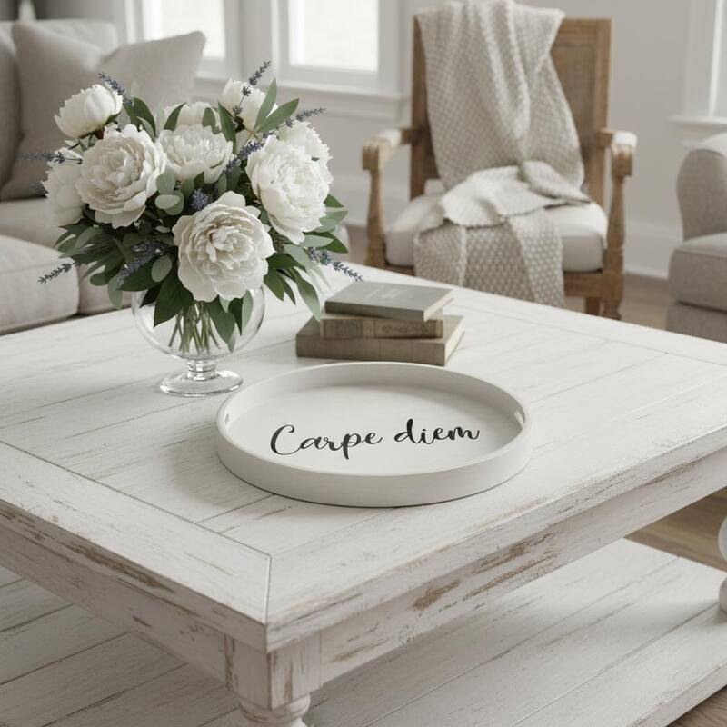 HomeRoots 14" Gray And Black Carpe Diem Round Serving Tray With Handles - 13.75 in. x 1.65 in. x 13.75 in. - Black/Gray - 13.75 in. x 1.65 in. x 13.75 in.