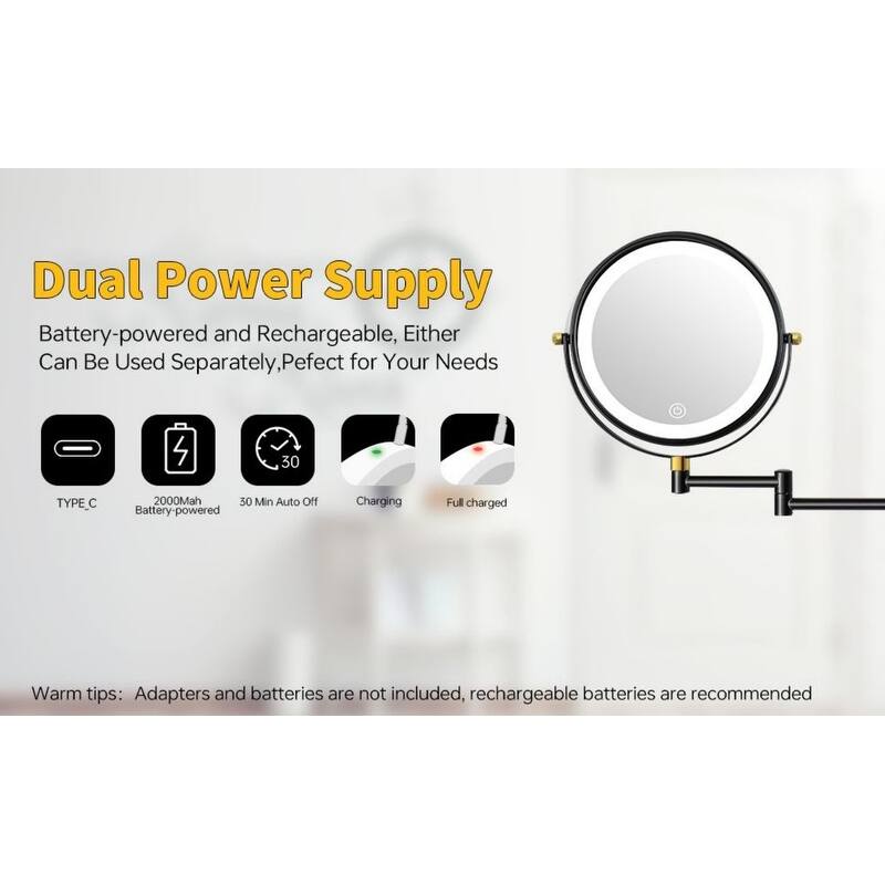 8in. LED Light Wall Mounted Makeup Mirror with 3 Colors, 1x/10x HD Magnifying Double-Sided Mirror, Extension Arm
