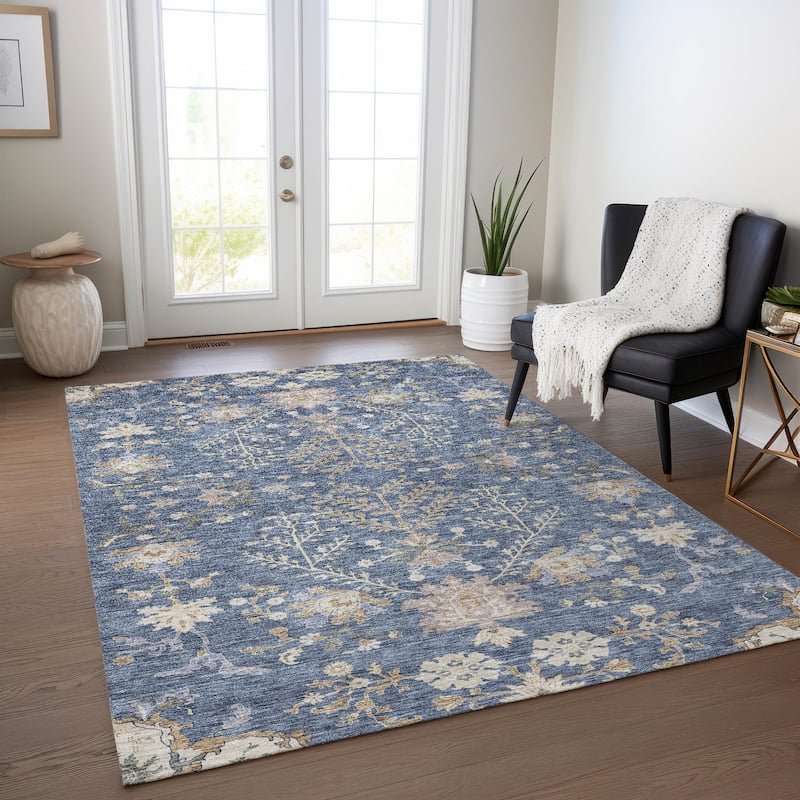Machine Washable Indoor/ Outdoor Boho Traditional Chantille Rug - Blue - 3' x 5'