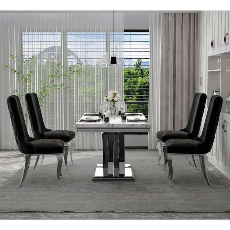 Silver Dining Room Table Set with 65 inch Table and Black Velvet Dining Chairs