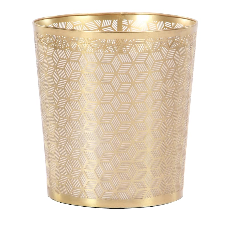 Metal Floral or Geometric Small Waste Bin with Laser Carved Design - Gold or Silver - CosmoLiving by Cosmopolitan
