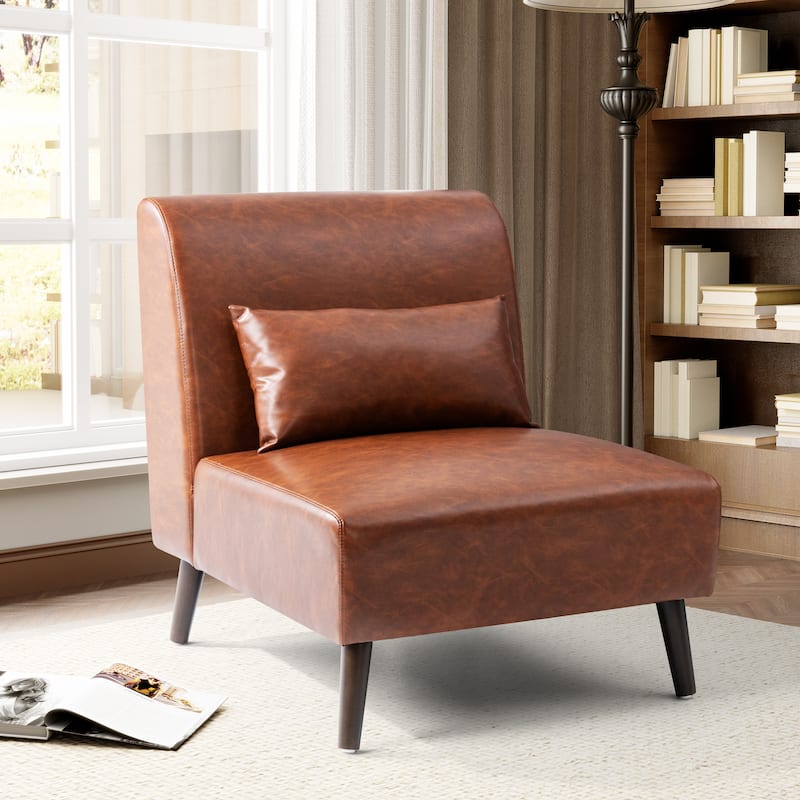 Accent Chair Upholstered Sofa Chair PU Faux Leather Wood Frame with Pillow - 28.74" W x 30.71" D x 31.50" H - Brown