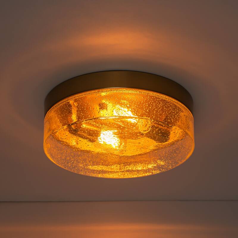 2-Light Gold/Bronze Modern Farmhouse Industrial Dimmable Dome Round Flush Mount Light with Seeded Glass Shade