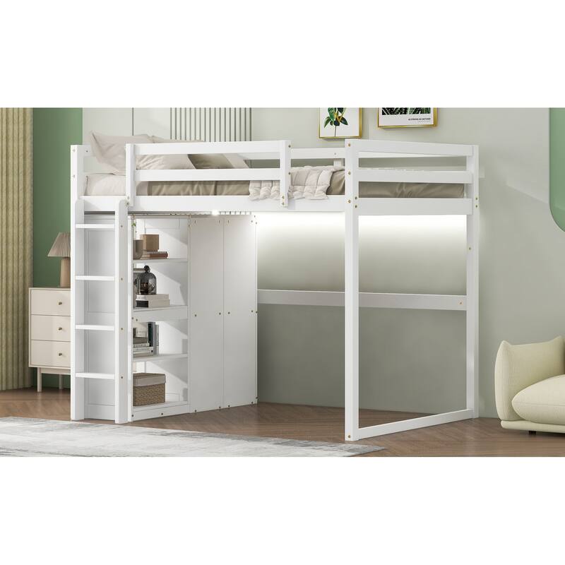 Full Size Loft Bed with Wardrobe, Storage Shelves, and LED Light in White