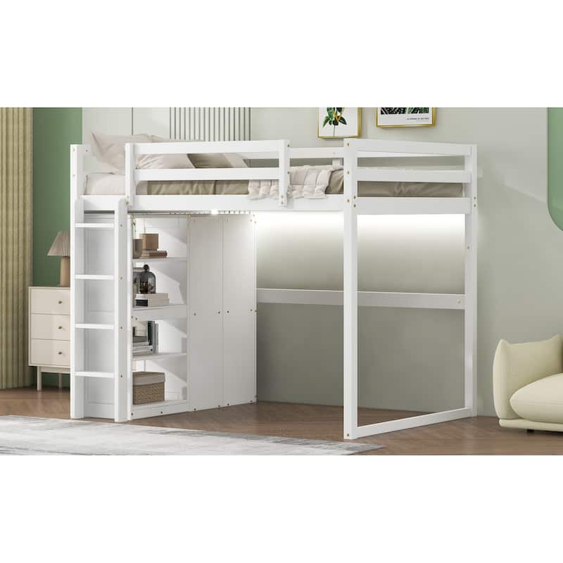 White Full Size Wood Loft Bed with Built-in Wardrobe and Shelves, LED Light