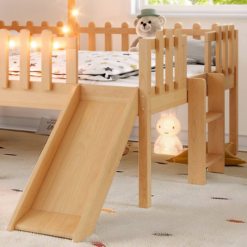 House Loft Bed with Slide and LED Lights, Kids Playhouse Bed with Star & Moon Cutout Roof and Window, Low Loft Bed