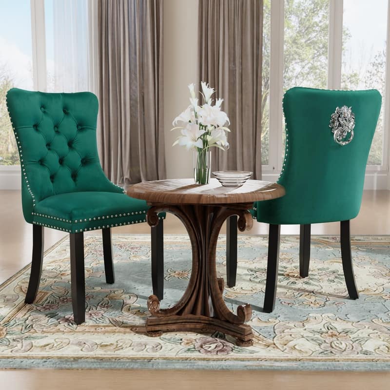 Solid Wood Velvet Upholstered Dining Chair Set of 2 - Green