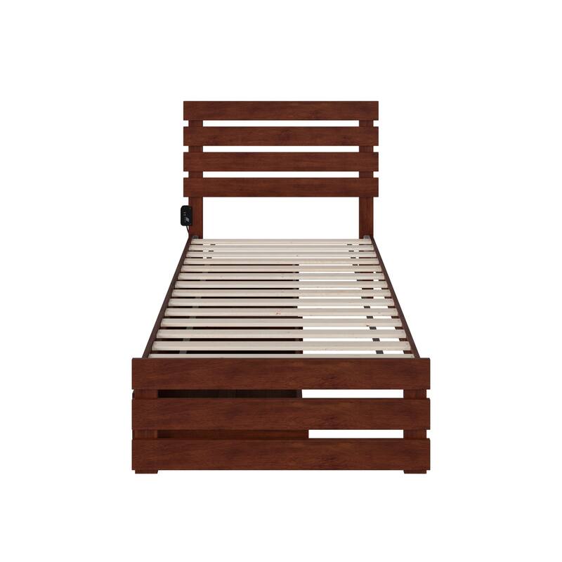 Twin XL Platform Bed with Footboard & USB Charger - Modern Storage Bed in Walnut Finish