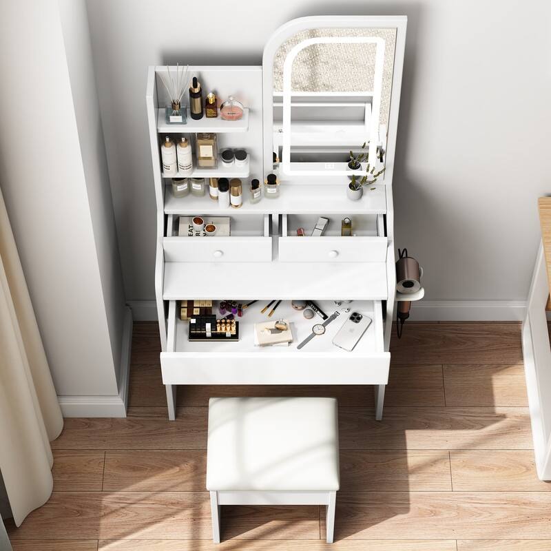 Vanity Desk Set with LED Lighted Mirror and Cushioned Stool, Dressing Table Vanity Table w/ 3 Drawers, Makeup Vanity w/ Shelves