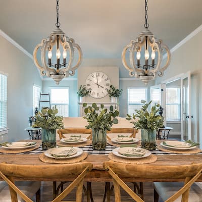 Clovy Farmhouse 3-Light Wood Lantern Chandelier for Dining Room - D15.5"x H 79"