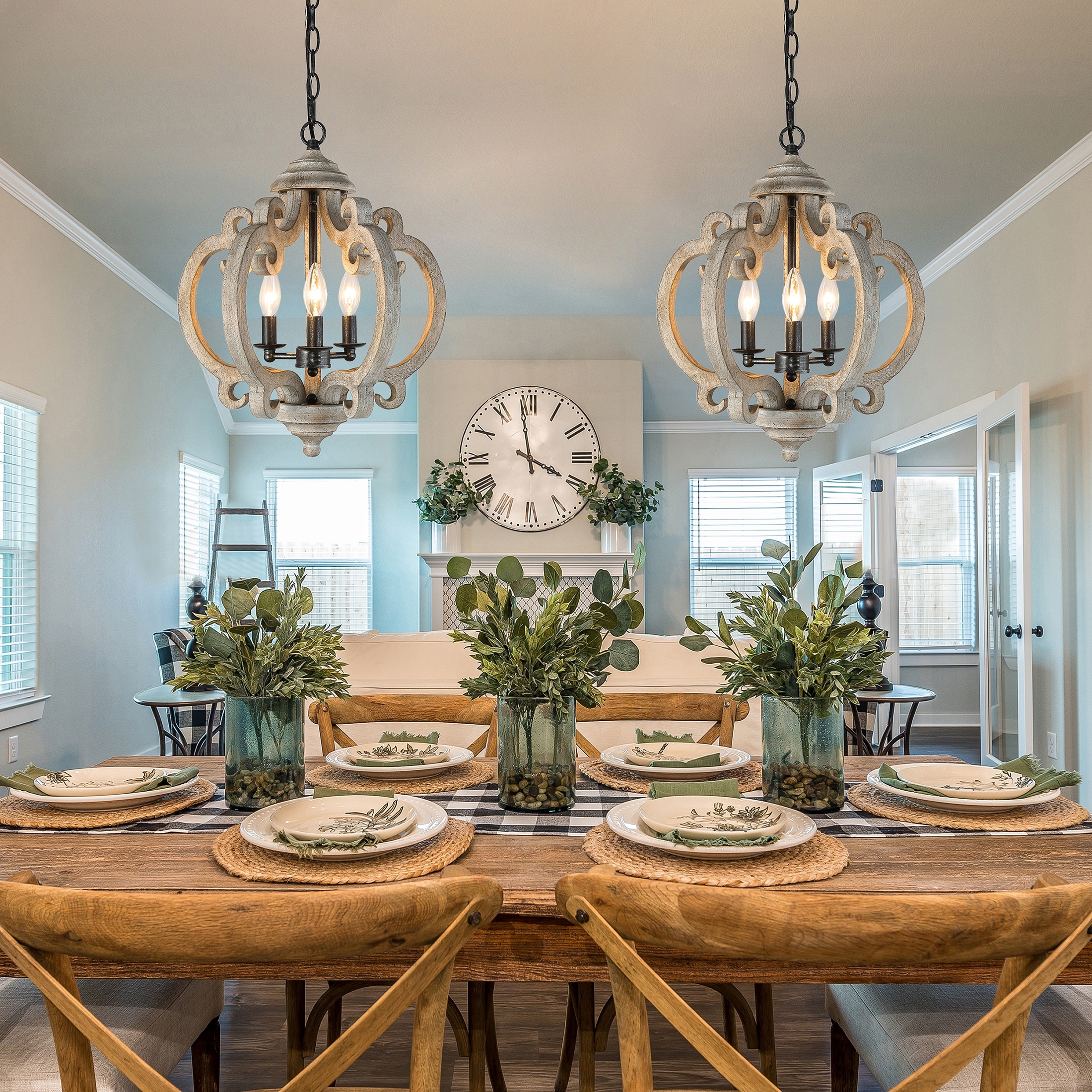 Clovy Farmhouse 3-Light Wood Lantern Chandelier for Dining Room - D15.5"x H 79"