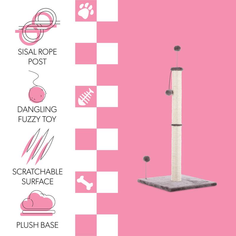 Rylie 38" Farmhouse Sisal Pillar Cat Scratching Post with Fuzzy Toys and Spring Balls, Gray/Cream