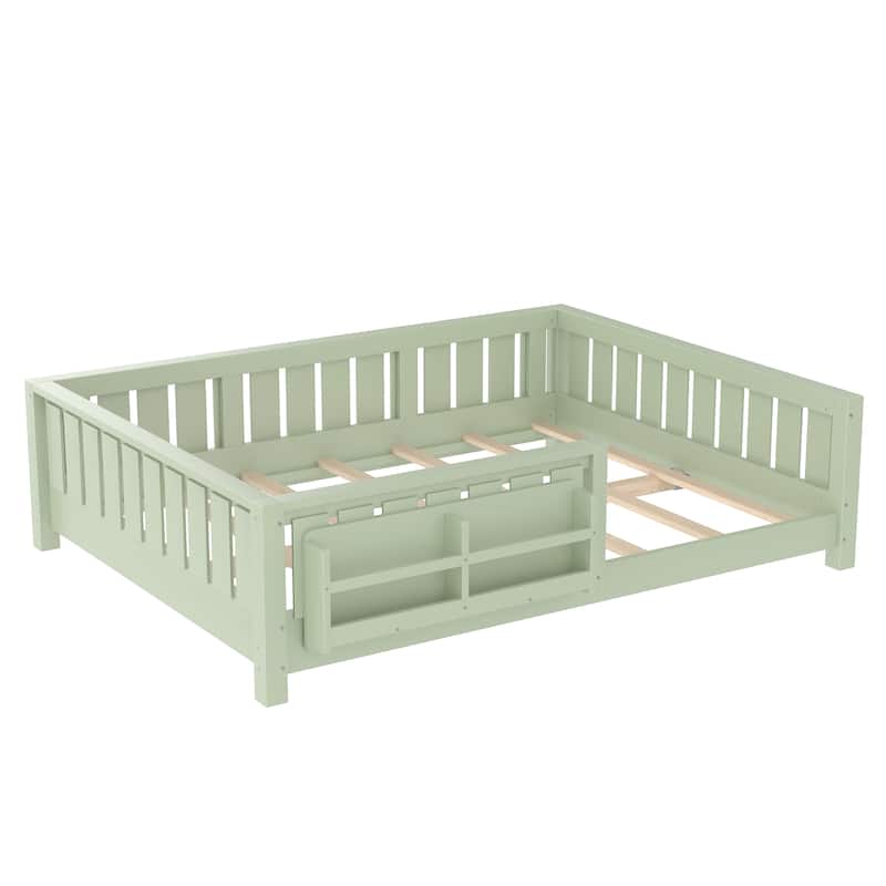 Low Profile Montessori Bed Floor Platform Bed with Fence and Bookshelf