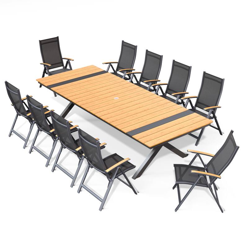 9/11PC Outdoor Patio Dining Set With Aluminum X-Frame Table Umbrella Hole Table Folding Chairs