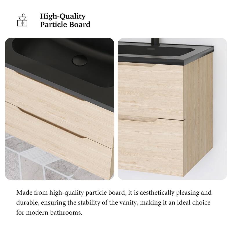 Floating Bathroom Vanity in Evita Oak with Integrated Quartz Sand Top