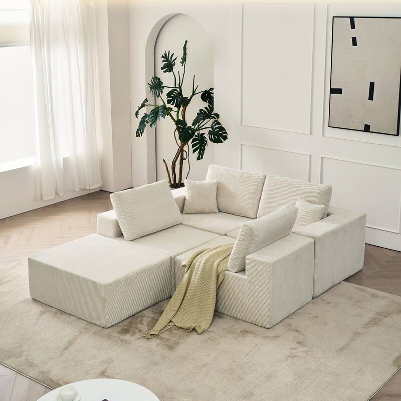 Modular L Shaped Sectional Sofa with Ottoman, Corduroy Boneless Cloud Sofa, 4 Seater Compressed Sofa with 2 Pillows