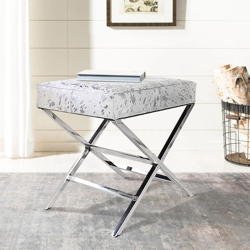 Pasargad Home Forest Silver Steel and Cowhide Upholstered Bench