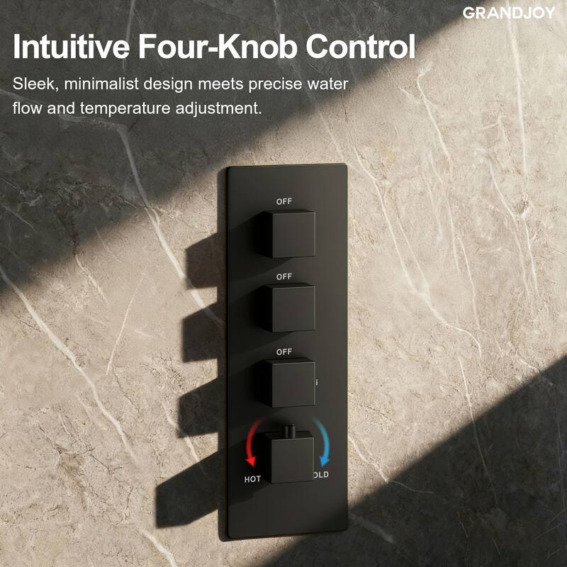 GRANDJOY Thermostatic LED Rain and Waterfall Shower System with Handheld, Built-In Music Function