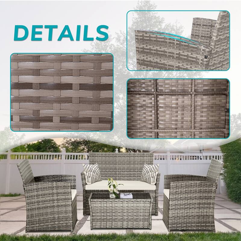 4-Piece Wicker Outdoor Sofa Set, 1 Loveseats, 2 Single Sofas, 1 Table