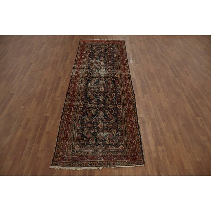 Hand Knotted Oriental 100% Wool Carpet Traditional Floral Navy Blue & Blues Malayer Runner Rug - 11' 4'' X 3' 7''