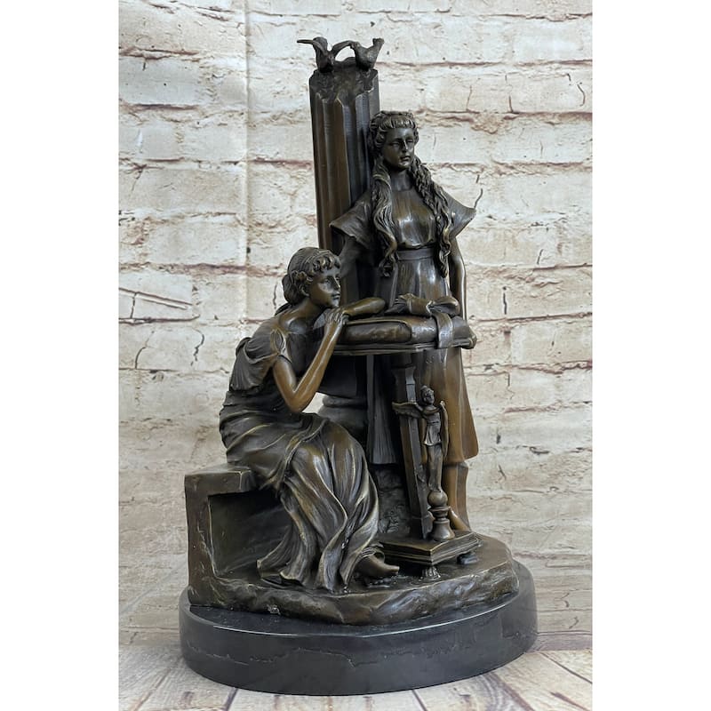 Two Young Girls W/ Book Column Bronze Statue Sculpture Moreau Decor 14 Inches X 8 Inches
