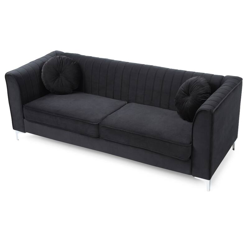 Channel Tufted Velvet 2-Seater Sofa with Throw Pillows - 87" - Black