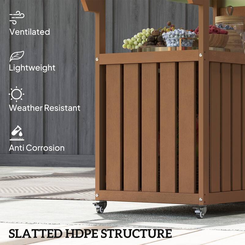 Stainless Steel and HDPE Outdoor Bar Cart with Cabinet, Hooks, and Swivel Casters Mobile Serving Table