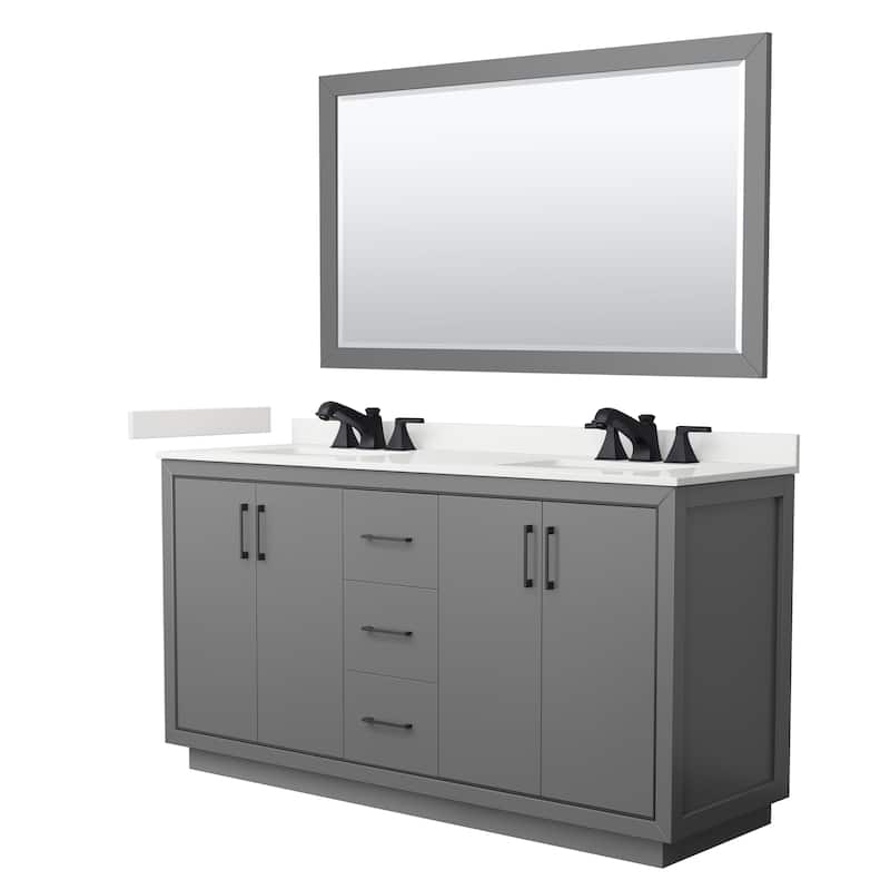 Icon 66-inch Double Vanity, Quartz Top, 58-inch Mirror - Dark Gray, Black Trim, White Quartz Top