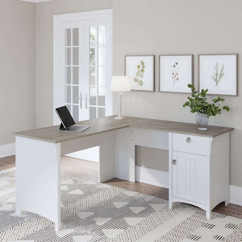 Salinas L-shaped Storage Desk by Bush Furniture - Shiplap Gray/Pure White