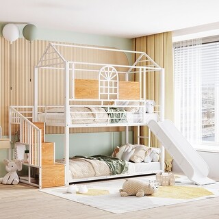 Twin Over Twin Bunk Bed with Roof & Window, Playhouse Bed with Full-Length Guardrails, Slide and Storage Stair, for Kids Teens