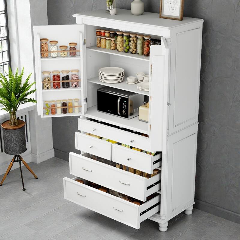 Large Freestanding Kitchen Pantry Cabinet, 77.3 Inch Tall Storage Cupboard with 6 Door Shelves and 5 Drawers