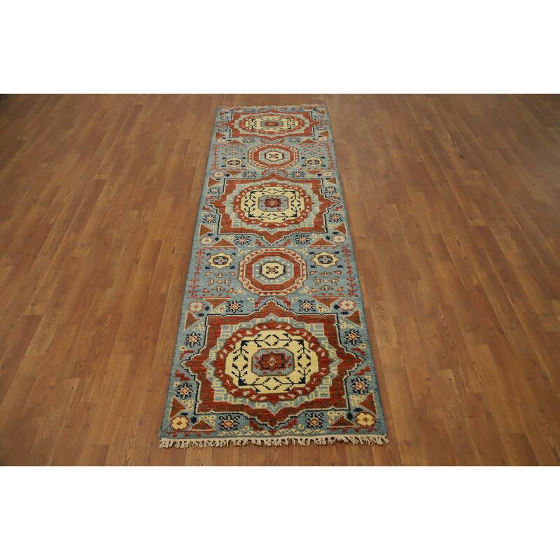 Hand Knotted Oriental 100% Wool Carpet Traditional Geometric Navy Blue & Blues Kazak Runner Rug - 7' 11'' X 2' 5''