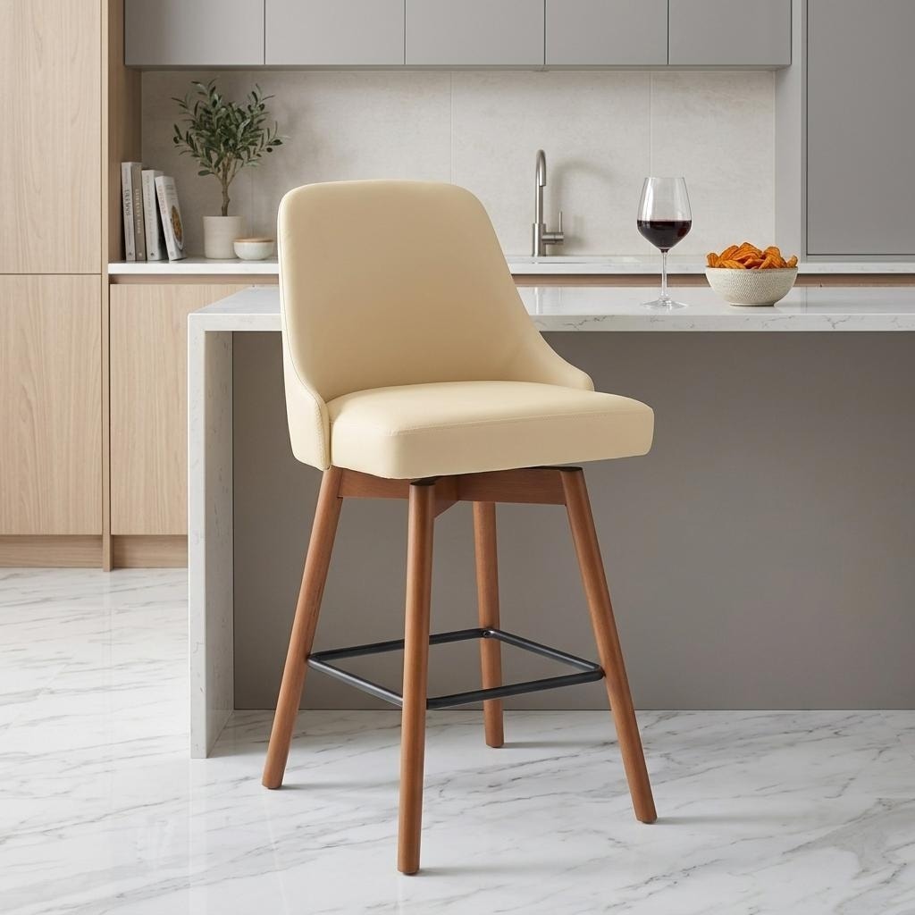 HomeRoots 26" Cream and Wood Brown Faux Leather with Solid Wood Swivel Counter Height Bar Chair