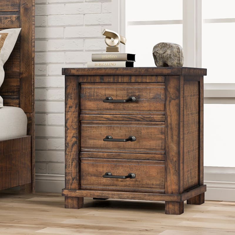 Rustic Three Drawer Reclaimed Solid Wood Framhouse Nightstand,Natural