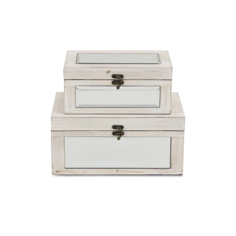 Set of 2 White Contemporary Sized Mirrored Storage Boxes 11.75"
