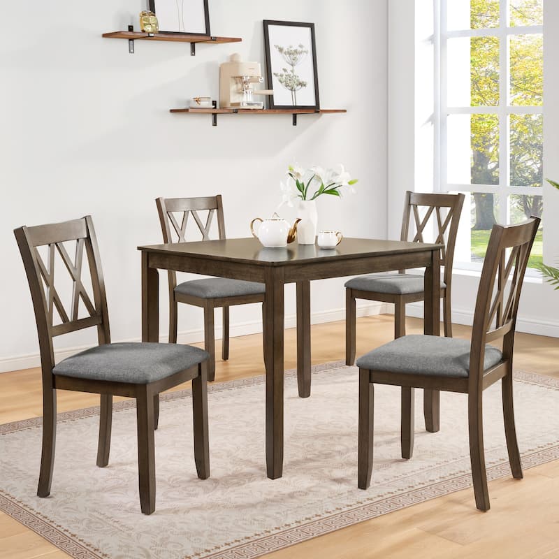 5-Piece Dining Table Set w/Square Table and 4 Upholstered X-Shaped Backrset Chair for 4 Person, Modern Style Wooden Table Set - Walnut+Brown