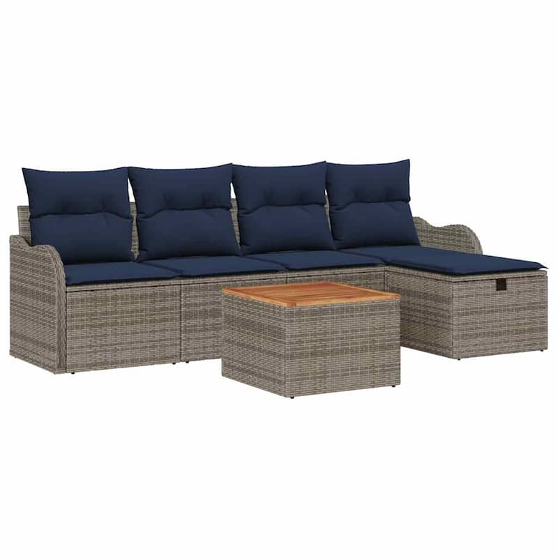 vidaXL 6 Garden Sofa Set with Cushions Black/Grey Poly Rattan - 90.9 x 46.1 x 27.2